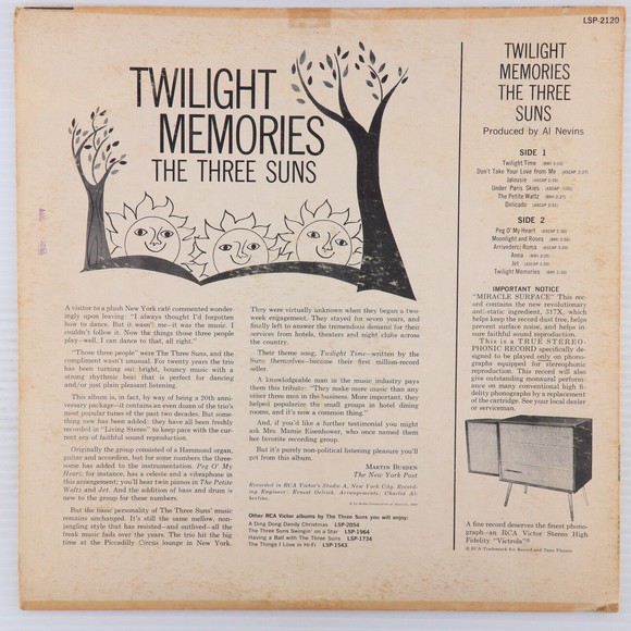 The Three Suns, Twilight Memories 1960 Stereo 12" LP Vinyl Record LSP-2120 - Picture 2 of 16